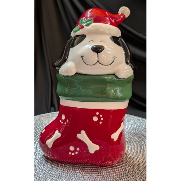 Other - Dog Cookie Treat Jar Paw Winter Season Christmas Holiday Santa Hat Vintage